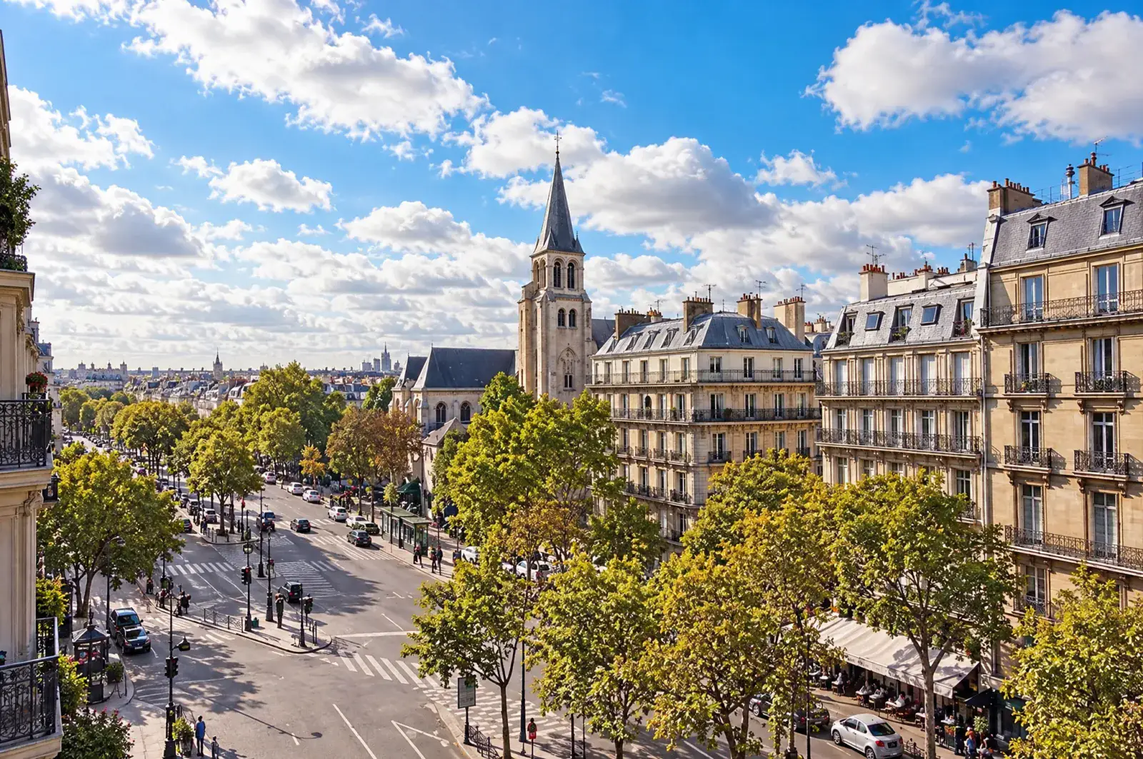 Boulevard Saint-Germain et clocher de l'église Saint-Germain-des-Prés sous un ciel bleu, Paris 6e