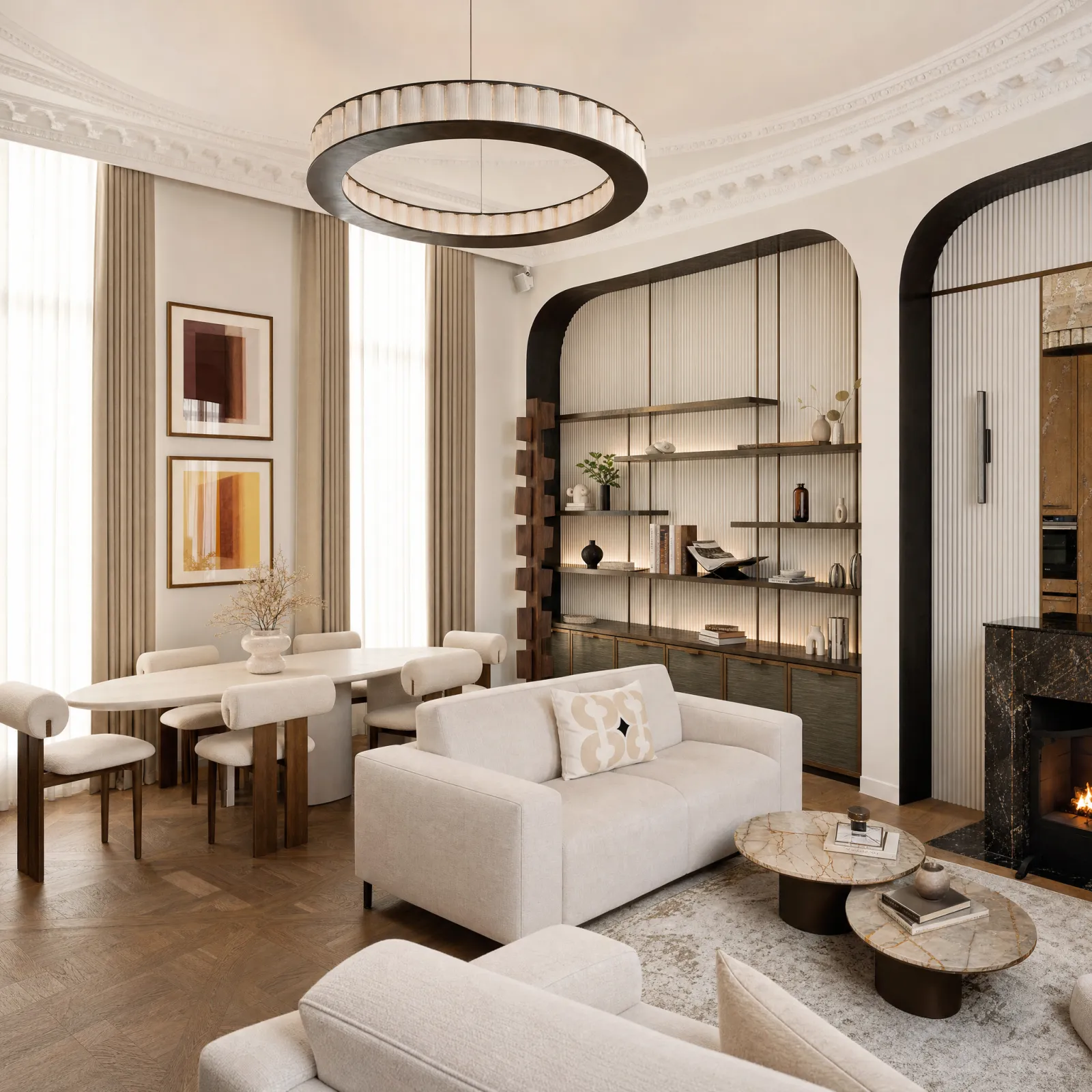 Salon aux fauteuils crème sous un lustre circulaire, bibliothèque en arche et cheminée de marbre noir, un appartement à Paris
