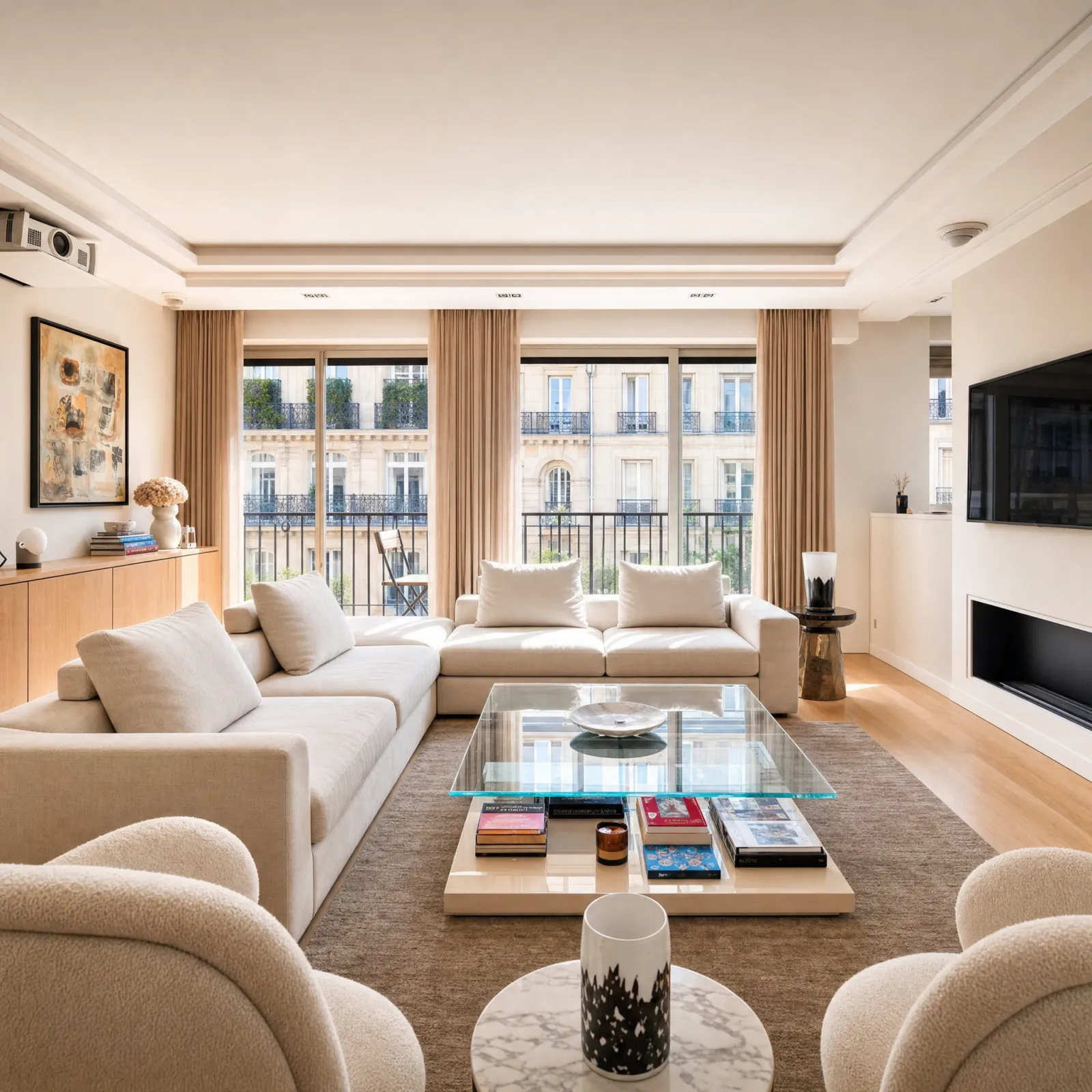 Séjour lumineux aux canapés beiges ouvert sur les façades haussmanniennes, un appartement vendu à Paris