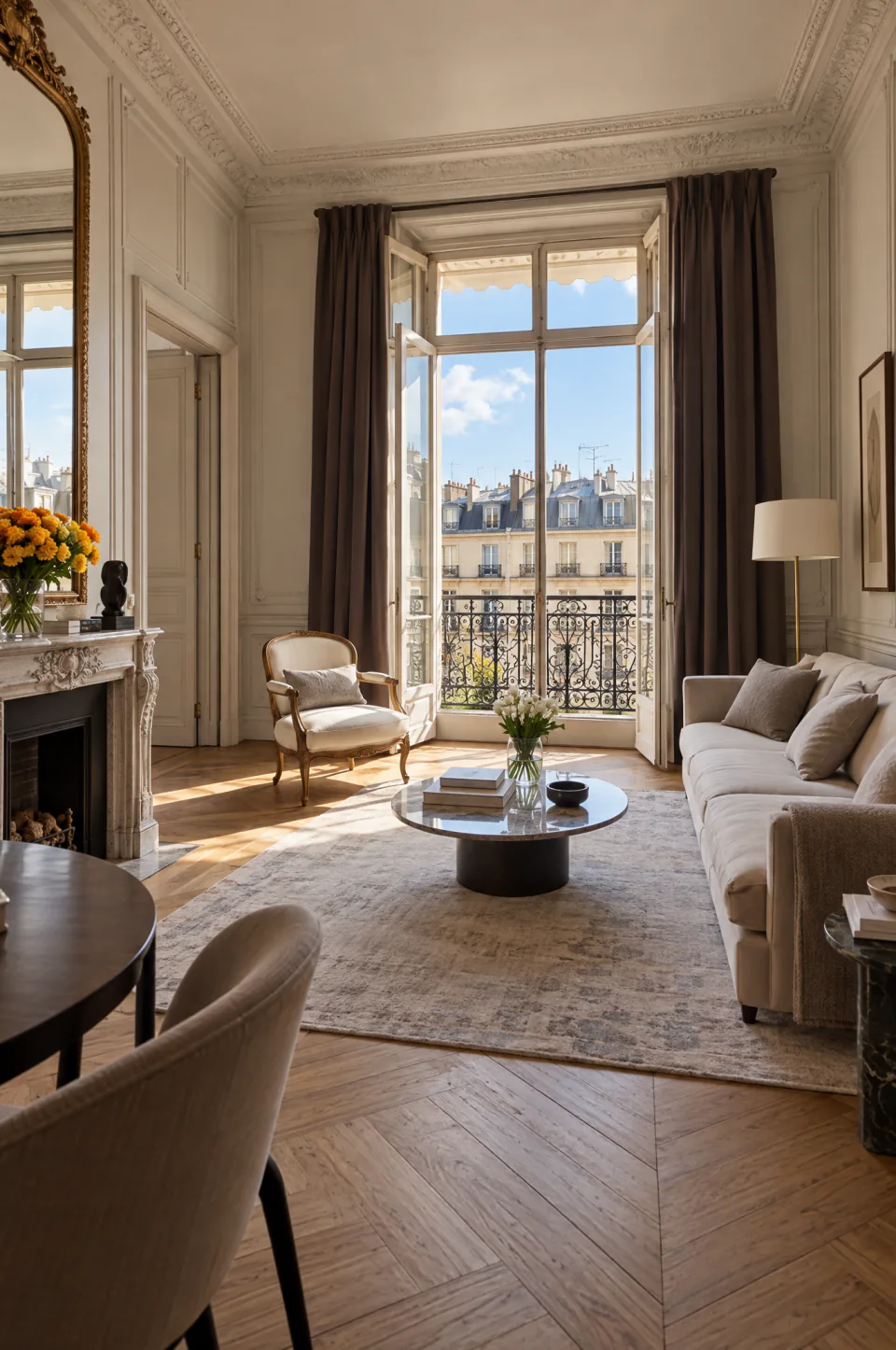 Salon haussmannien avec cheminée et vue sur les toits de Paris depuis le balcon