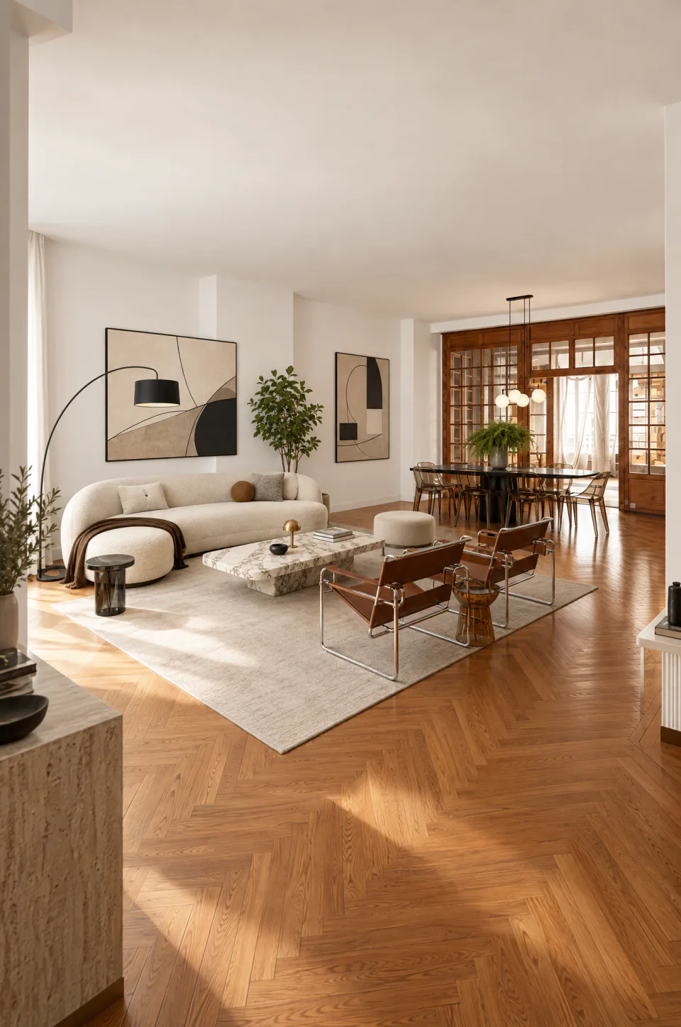 Salon contemporain aux murs blancs, parquet et boiseries en bois clair